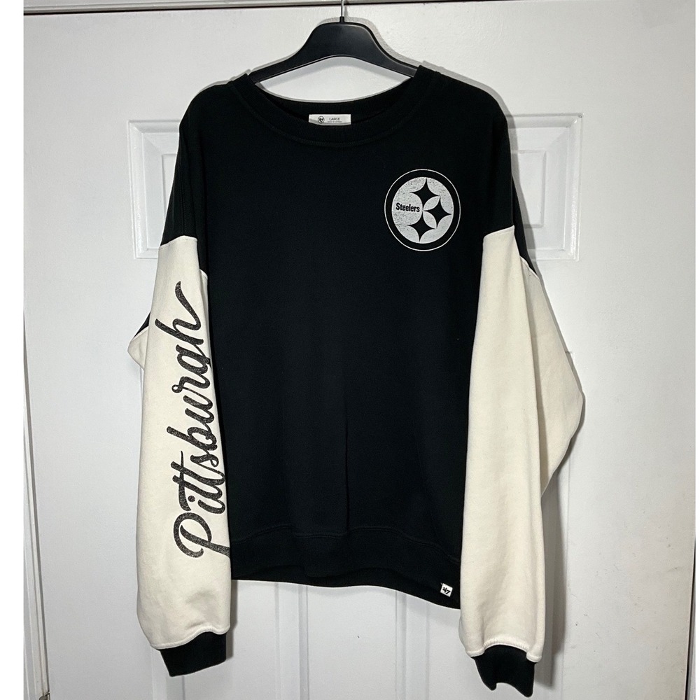 47 Brand Pittsburgh Steelers Sweatshirt Mens Large Black Cream Colorblock Crew